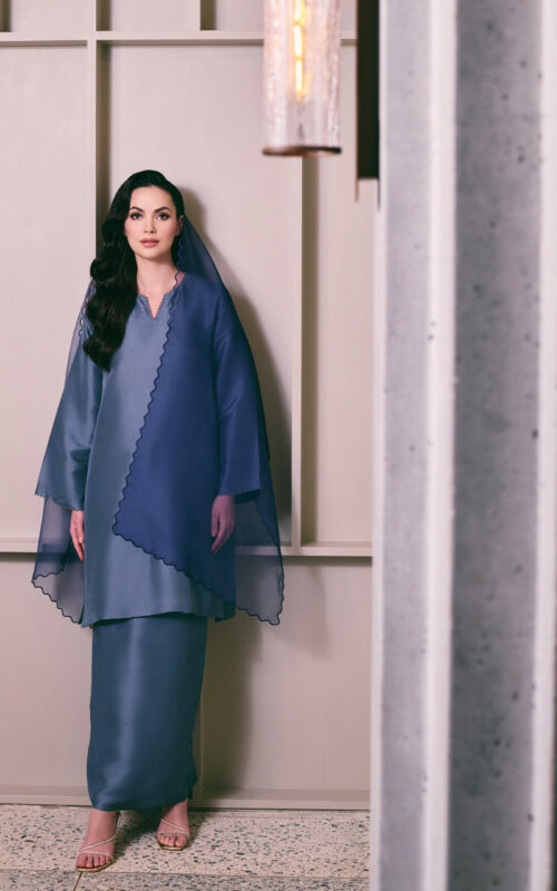 Kurung Pahang Beaded Set – Steel Blue Shantung Silk